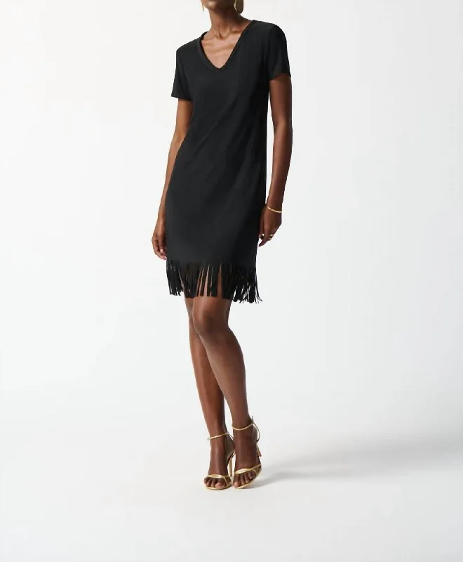 Trendy Street Style Vneck Fringe Dress In Black