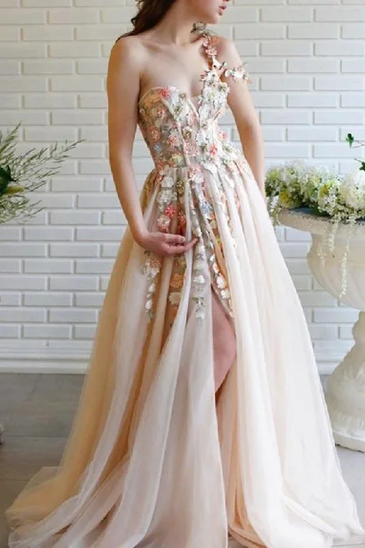 Stylish Everyday Clothing Elegant One Shoulder Champagne Prom Dresses with Flower, One Shoulder Champagne Floral Formal Evening Dresses gh2066