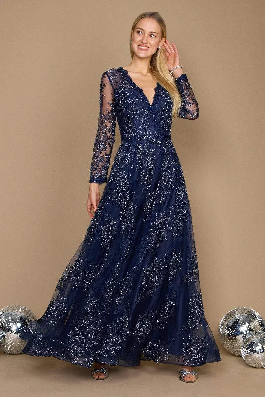 Fashionable Women's Outfit Long Sleeve Formal Dress Evening Gown Navy