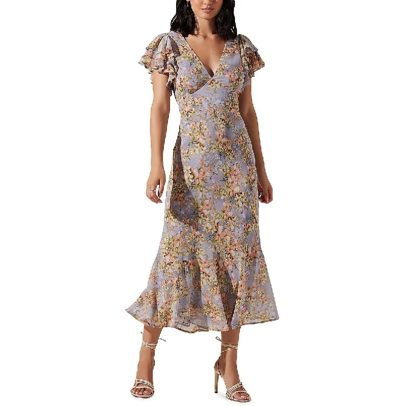 Women's Occasion Wear Clothes ASTR the Label Womens Floral Print Tea Length Sheath Dress