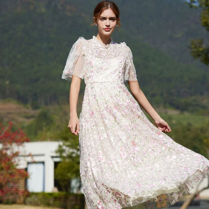 Women's Athletic Clothes Lavish Short Sleeve Frill Neck A Line Summer Embroidered Floral Tulle Maxi Dress