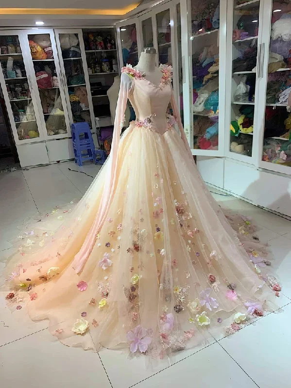 Women's Stylish Outerwear Gorgeous floral applique exquisite long sleeve sleeping beauty wedding dress evening gown ball gown gh2093