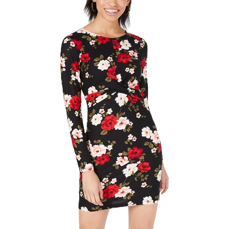 Women's Resort Attire Planet Gold Women's Juniors Floral Print Twist Front Long Sleeve Mini Dress