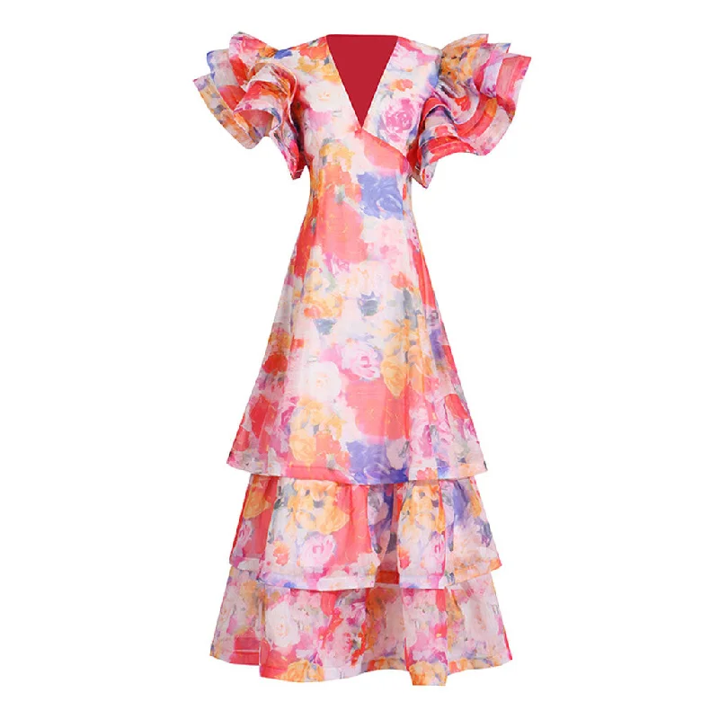 Women's Seasonal Clothes Bohemian Floral Print V Neck Ruffle Tiered Sleeve A Line Vacation Maxi Dress