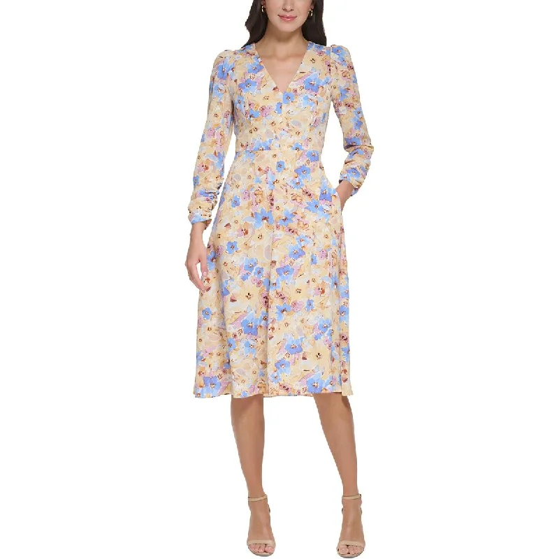 Women's Holiday Attire Vince Camuto Womens Floral Print V-Neck Midi Dress