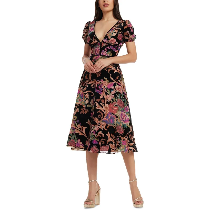 Early Bird Offer Dress The Population Womens Floral Print Velvet Fit & Flare Dress