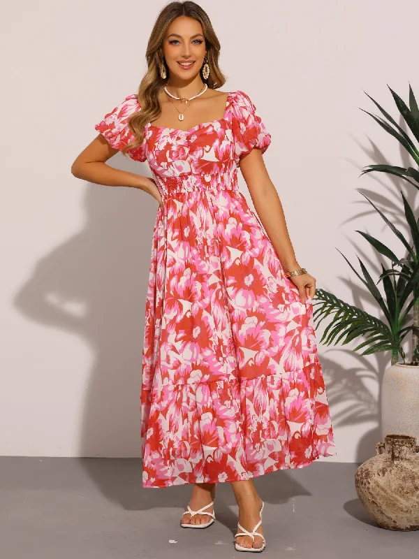 Women's Clothes For Special Occasions FloralSmocked Back Puff Sleeves Maxi Dress