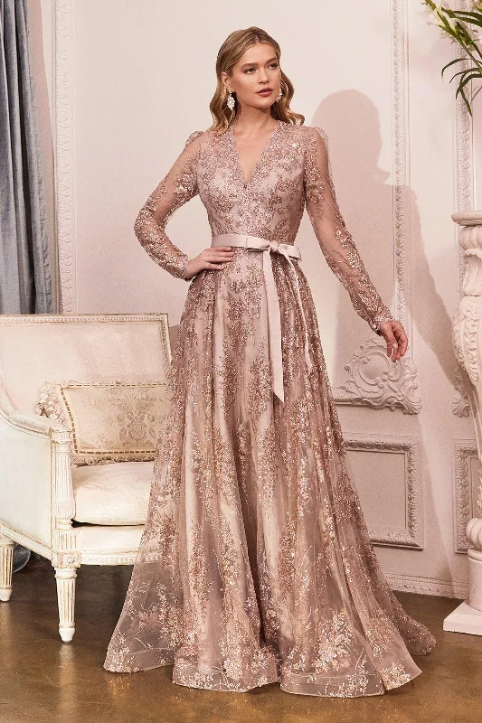 Women's Elegant Evening Outfit Cinderella Divine CD233 Long Sleeve Formal Dress Evening Gown Rose Gold