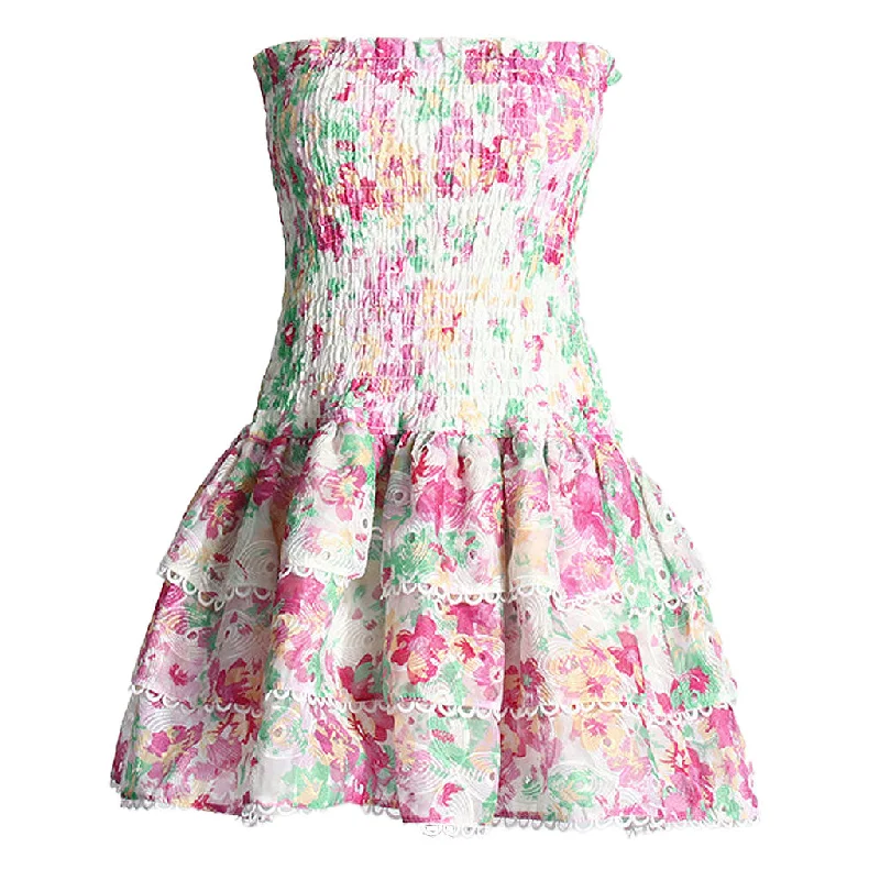 Women's Classic Attire Boho Floral Embroidery Strapless Printed Smocked Tiered Ruffled Mini Dress