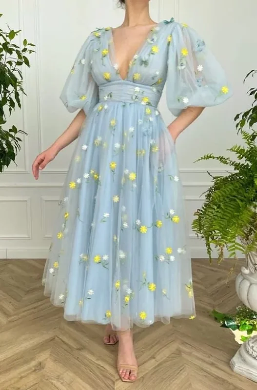 Women's Vacation Outfit Set Blue floral tulle dress, Tulle dress prom, V-Neck puff sleeves prom dress, Wedding dress, Bridesmaid dress, Mesh Princess Dress  gh1823