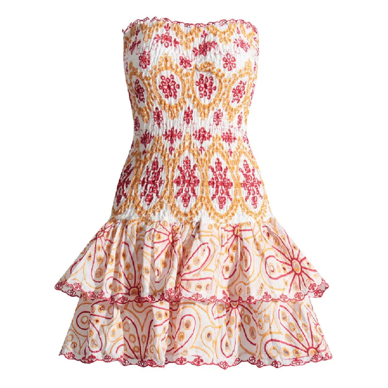 Women's Plus-Size Garments Boho Floral Strapless Smocked Broderie Anglaise Tiered Ruffled Mini Dress