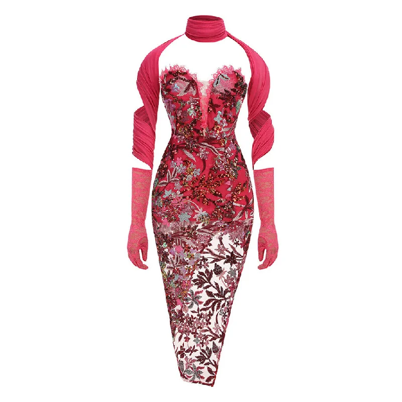 Women's Evening Garments Unique Gloved Scarf Sequin Floral Embroidered Mesh Eyelash Strapless Midi Dress