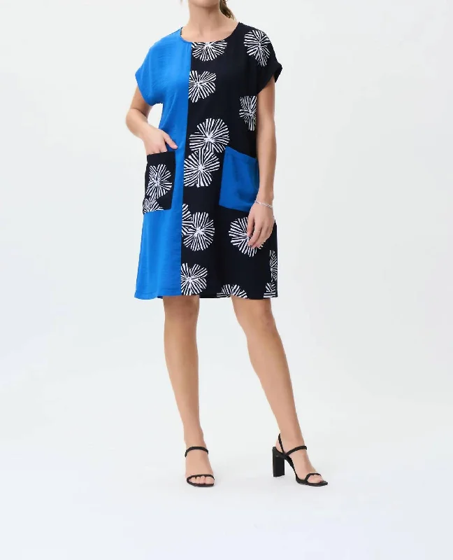 Imeless Style Printed Colour Blocked Dress In Midnight Blue/multi