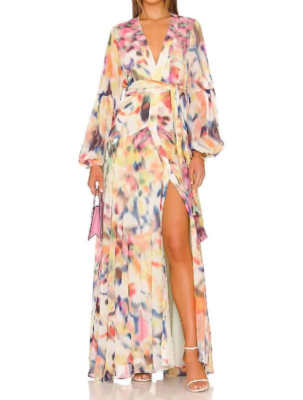 Vintage Retro Party Wear Becker Fluid Printed Crepe Dress In Iridescent