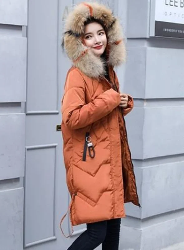 Women's Evening Outfit Womens Casual Puffer Coat with Faux Fur Hood in Caramel Brown