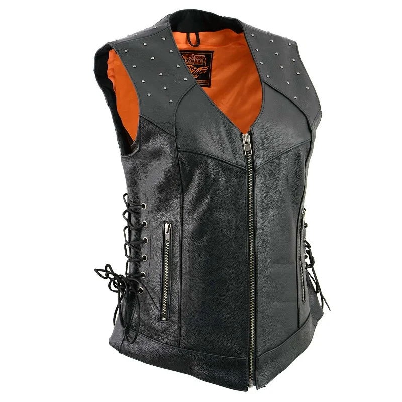 Affordable Fashion for Women Milwaukee Leather MLL4504 Women's Classic Black Leather V-Neck Riveted Motorcycle Rider Vest with Side Lace