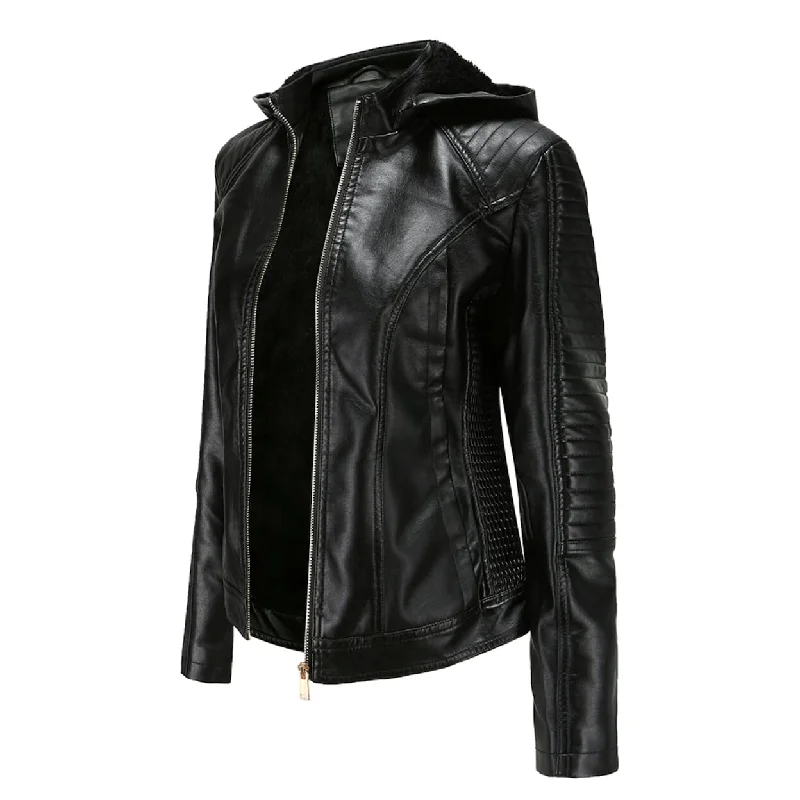 Trendy Women's Apparel for All Seasons Hooded Vegan Leather Jacket with Inner Fur