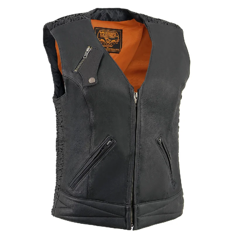 Women's Resort Attire Milwaukee Leather MLL4571 Women's Black Lightweight Motorcycle Leather Vest w/ Crinkled Leather Design