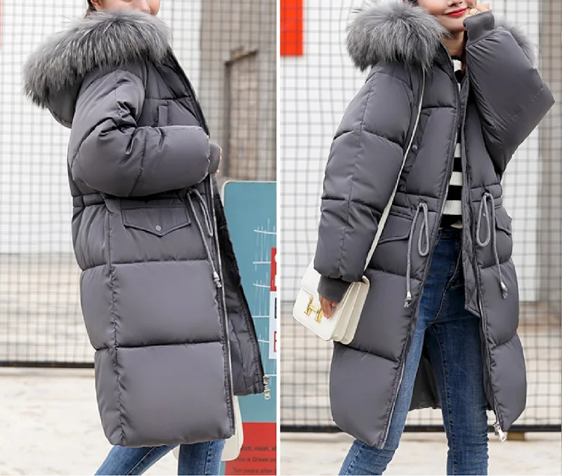 Women's Street Style Casual Wear Womens Cinch Waist Puffy Jacket with Furry Hood