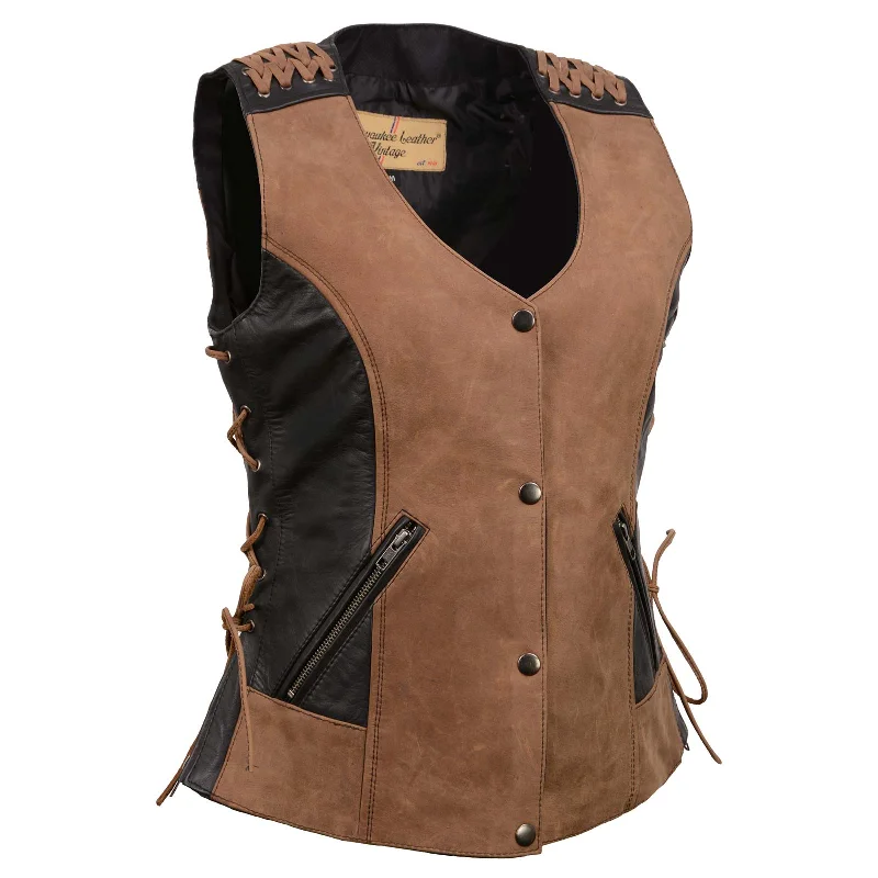 Modern Women's Wardrobe Essentials Milwaukee Leather Women's Smoocher Vintage Two Tone Crazy Horse Brown and Black Leather Club Style Motorcycle Vest MLL4509