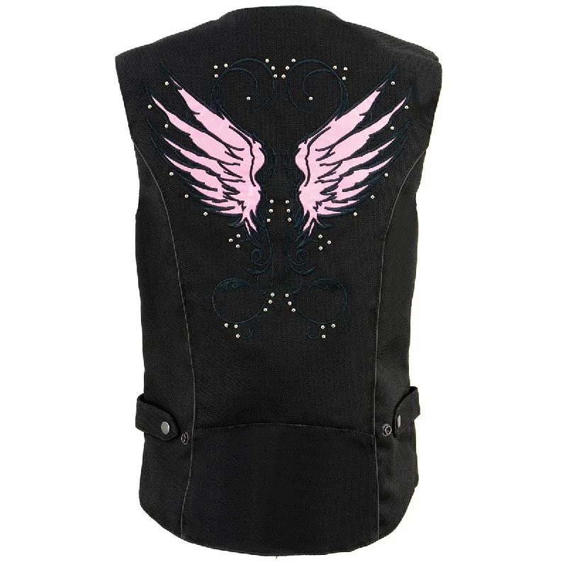 Women's High Street Fashion Milwaukee Leather SH1955 Ladies Black and Pink Textile Vest with Wing Embroidery