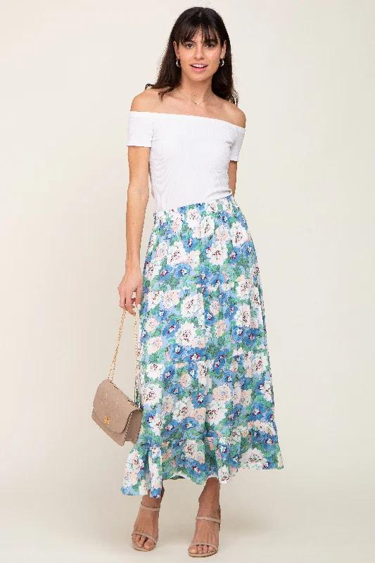 Charming Women's Holiday Apparel Blue Floral Tiered Maxi Skirt