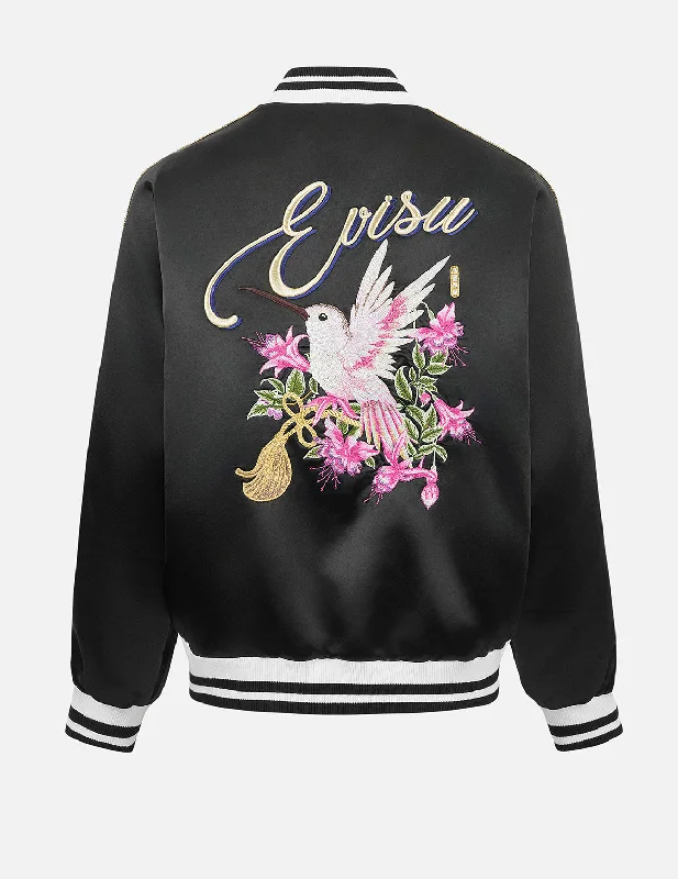 Fashionable Women's Wardrobe Hummingbird and Magnolia Flower Embroidery Loose Fit Souvenir Jacket Fashionable Women's Wardrobe Hummingbird and Magnolia Flower Embroidery Loose Fit Souvenir Jacket