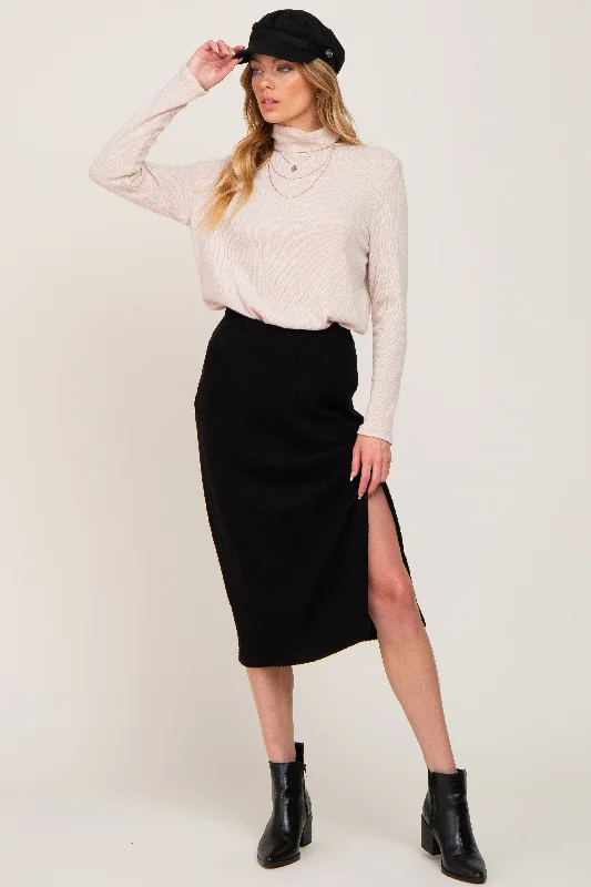 Women's Transitional Apparel Black Soft Knit Ribbed Side Slit Midi Skirt