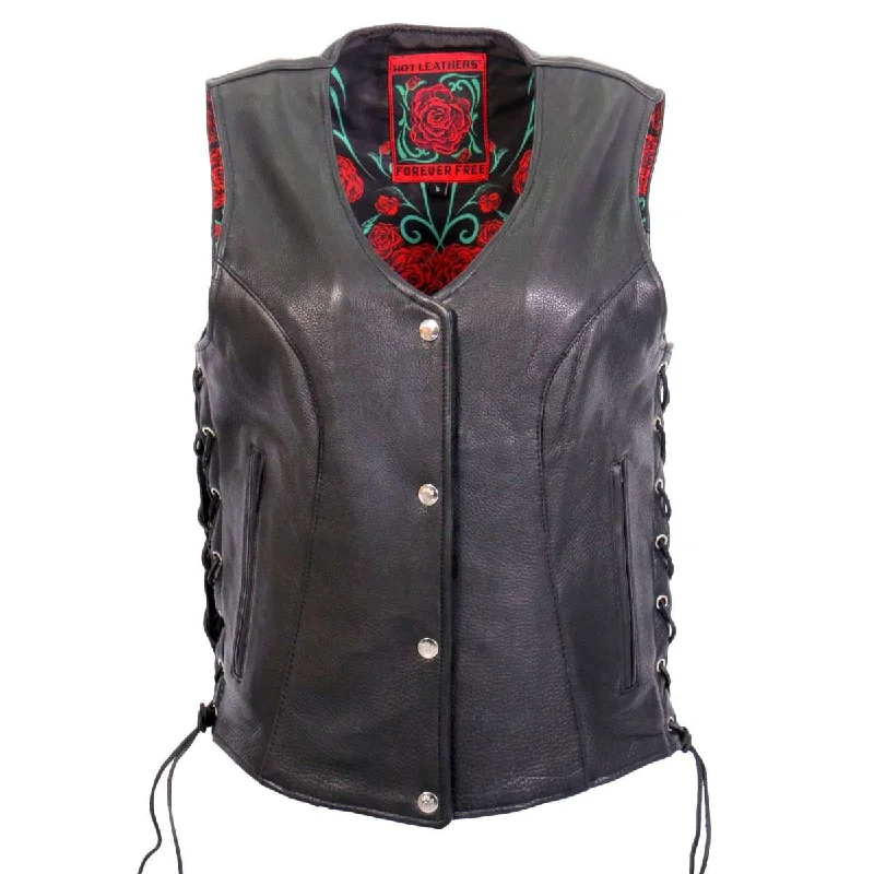 Women's Festive Attire Hot Leathers VSL1019 Ladies 'Red Rose' Lined Black Leather MC Vest