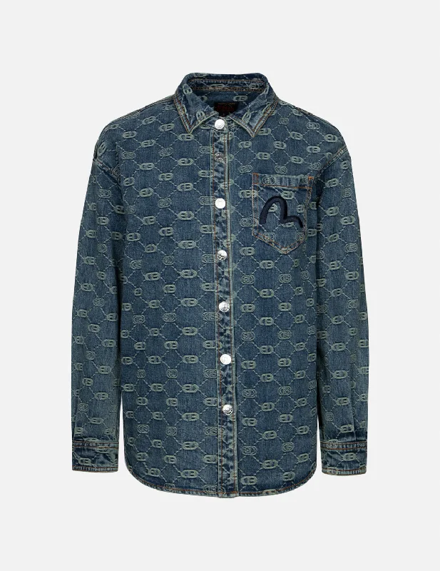 Modern Women's Apparel Allover Logo Jacquard and Seagull Embroidery Boyfriend Fit Denim Shirt Jacket Modern Women's Apparel Allover Logo Jacquard and Seagull Embroidery Boyfriend Fit Denim Shirt Jacket