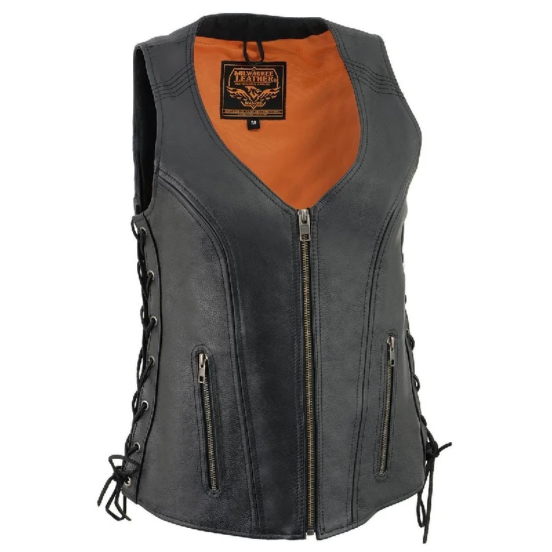 Exclusive Women's Fashion Collection Milwaukee Leather Women's Black Leather V-Neck Motorcycle Rider Vest with Side Lace MLL4531