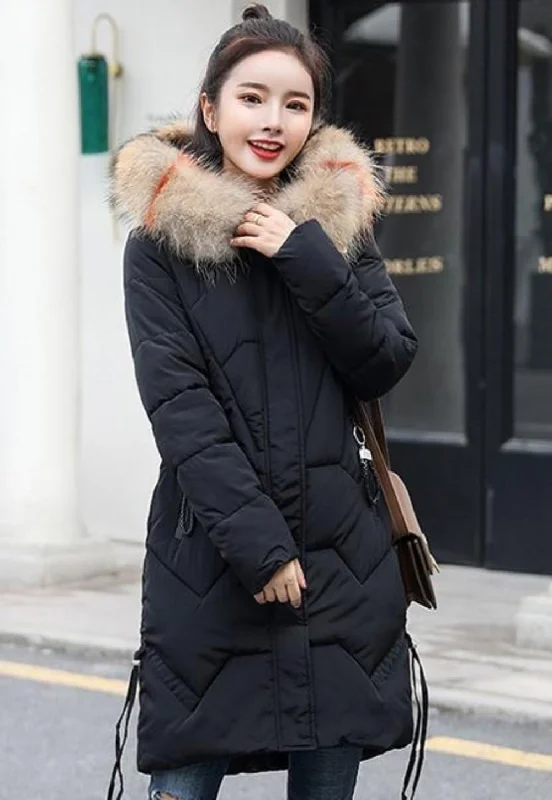 Women's Evening Wear Outfit Womens Classic Black Casual Puffer Coat with Faux Fur Hood