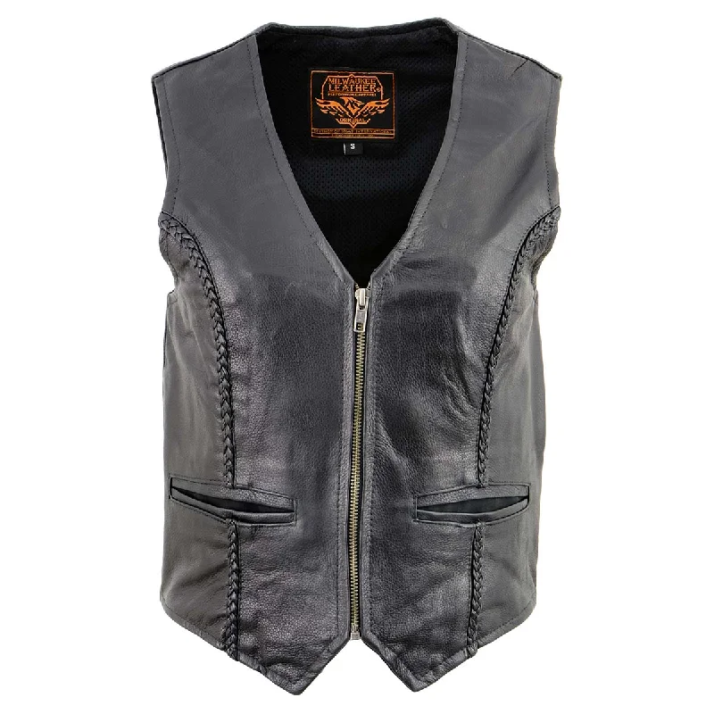 Women's Evening Apparel Milwaukee Leather XS1246 Ladies Black 'Braided' Classic Leather Vest