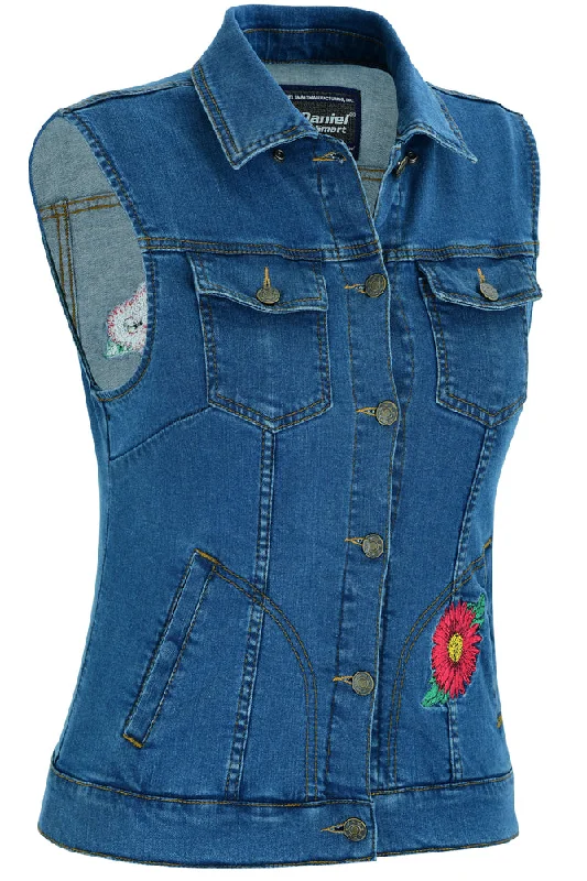 Versatile Women's Fashion DM944 Women's Blue Denim Snap Front Vest with Red Daisy