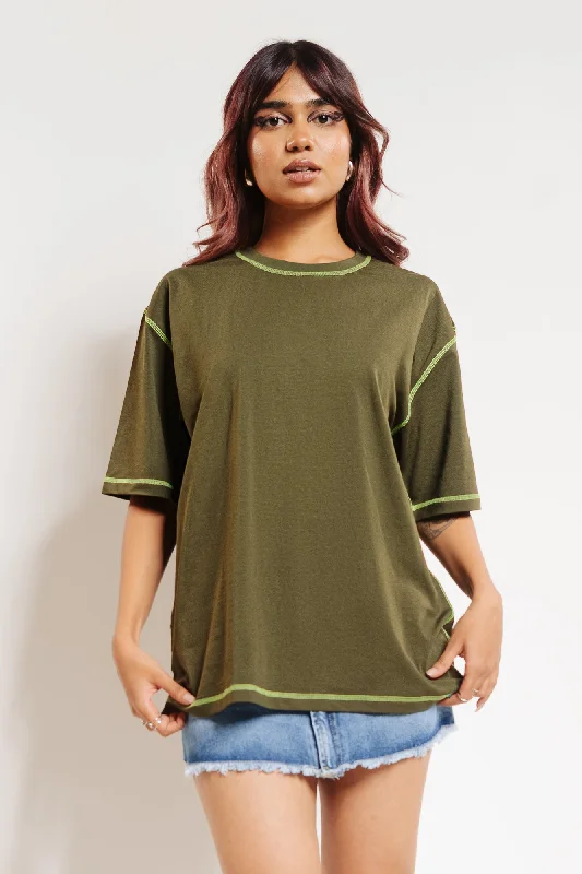 Women's Evening Wear Olive Topstitched Oversized Tees