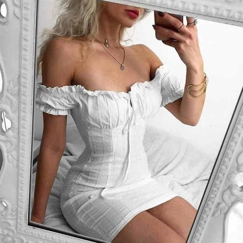 Women's Loungewear Clothes FashionSierra - White Sexy off shoulder Ruffles bodycon bandage mini dress