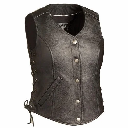 Women's Transitional Outfit Women's 5 Snap Side Lace Leather Motorcycle Vest 566