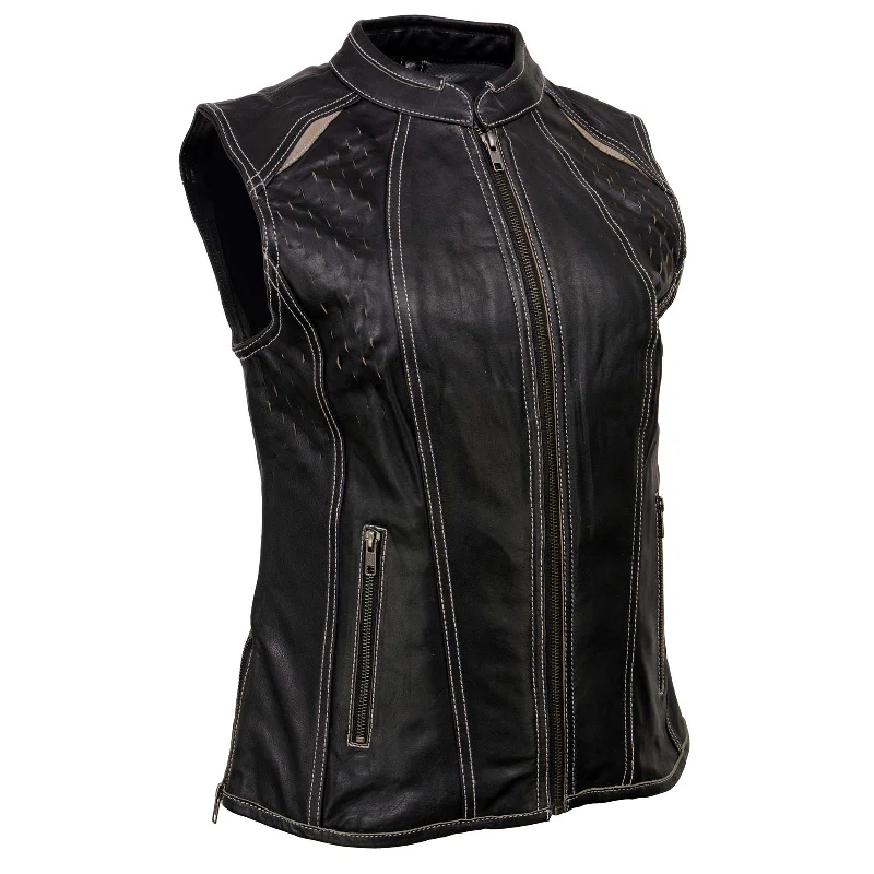 Women's Workout Garments Milwaukee Leather MLL4507 Women's Black Leather Grey Accented Laser Cut Vented Scuba Style Motorcycle Rider Vest