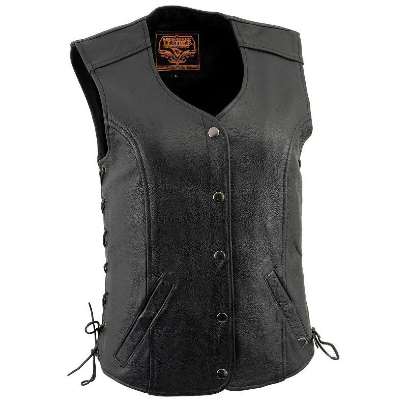 Women's High-Fashion Garments Milwaukee Leather LKL4700 Women's Black Leather Side Laces Round V-Neck Motorcycle Rider Vest with 4-Snaps Closure