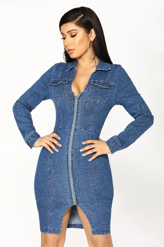 High-Quality Women's Fashion Dresses Street Talk Denim Dress - Dark