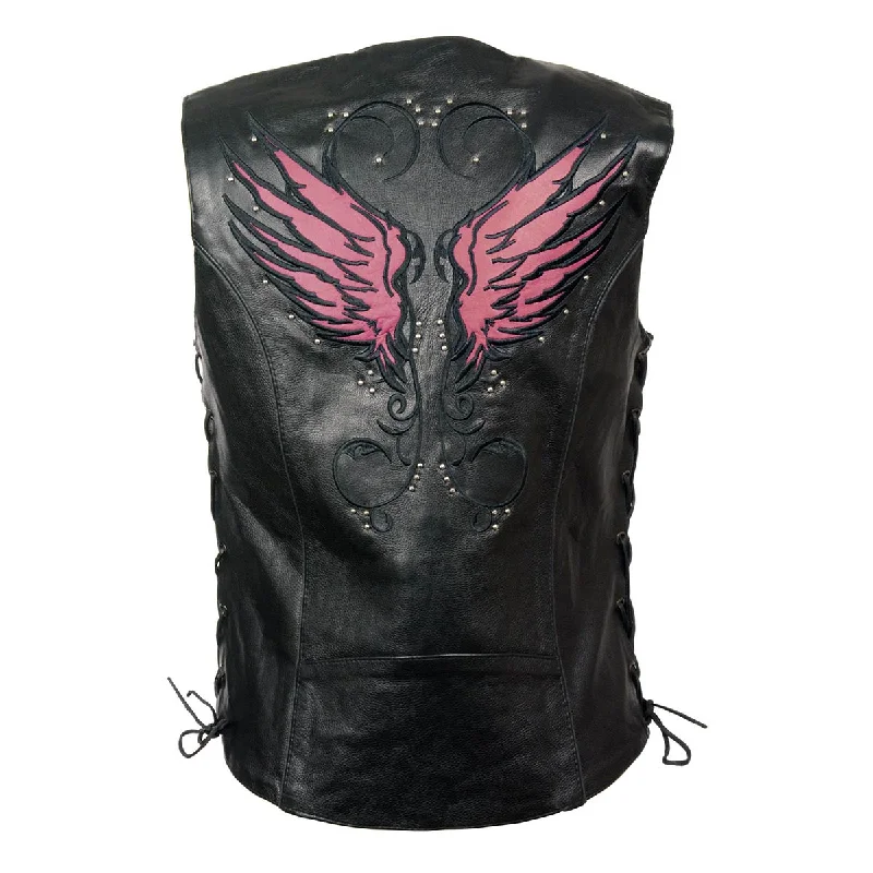 Women's Work Outfit Milwaukee Leather MLL4505 Women's Black Leather Side Lace Motorcycle Rider Vest- Reflective and Studded Pink Wings