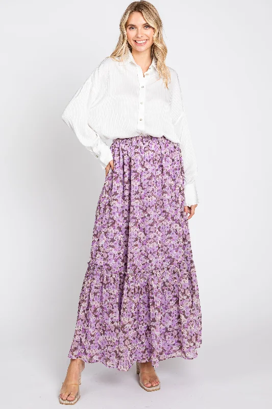 Women's Functional Outfit For Outdoor Activities Lavender Smocked Waist Tiered Maxi Skirt