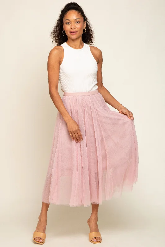 Women's Comfortable Lounge Attire Light Pink Tulle Midi Skirt