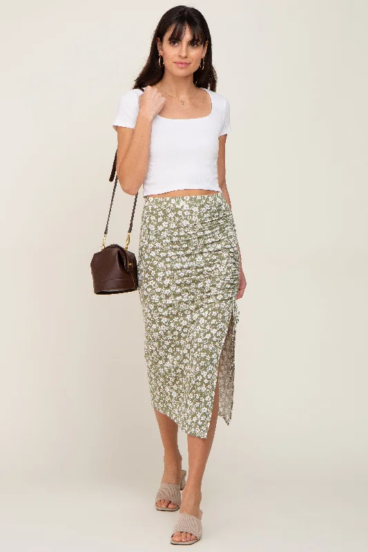 Timeless Women's Apparel Light Olive Floral Drawstring Front Midi Skirt