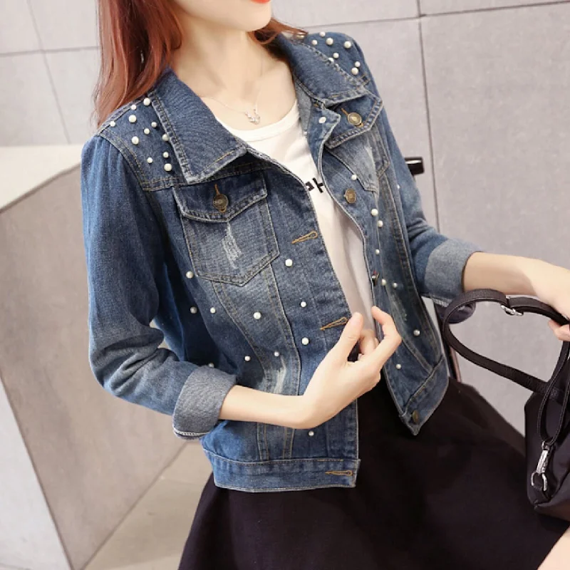 Casual Fashion for Women Womens Denim Jacket with Pearls