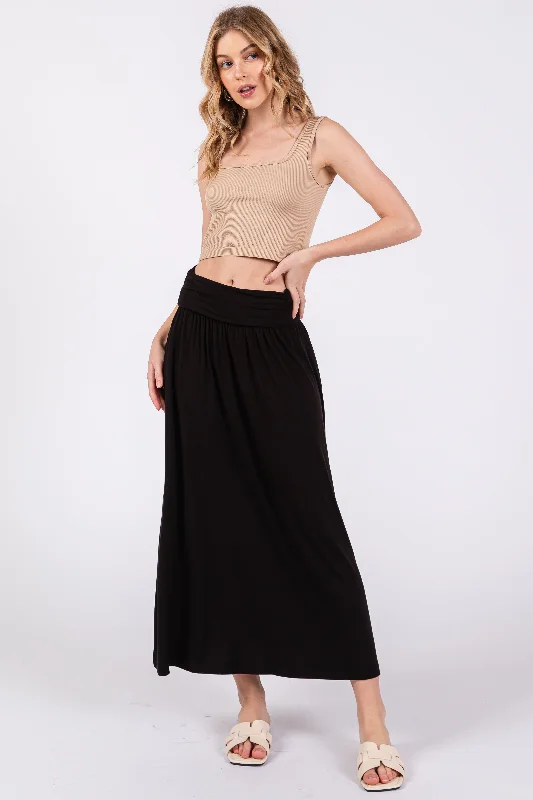 Affordable Fashion for Women Black Fold-Over Maxi Skirt