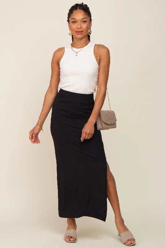 Women's Clothing And Garments Sets Black Ribbed Side Slit Midi Skirt