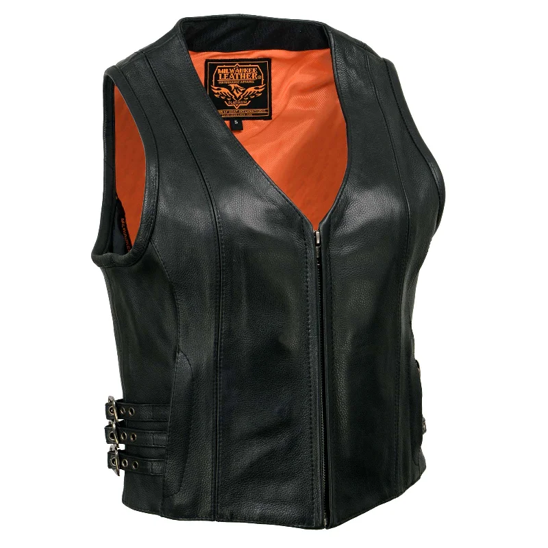 Elegant Women's Fashion Milwaukee Leather MLL4510 Women's Black Premium Leather Side Buckle Motorcycle Rider Vest with Front Zip Closure