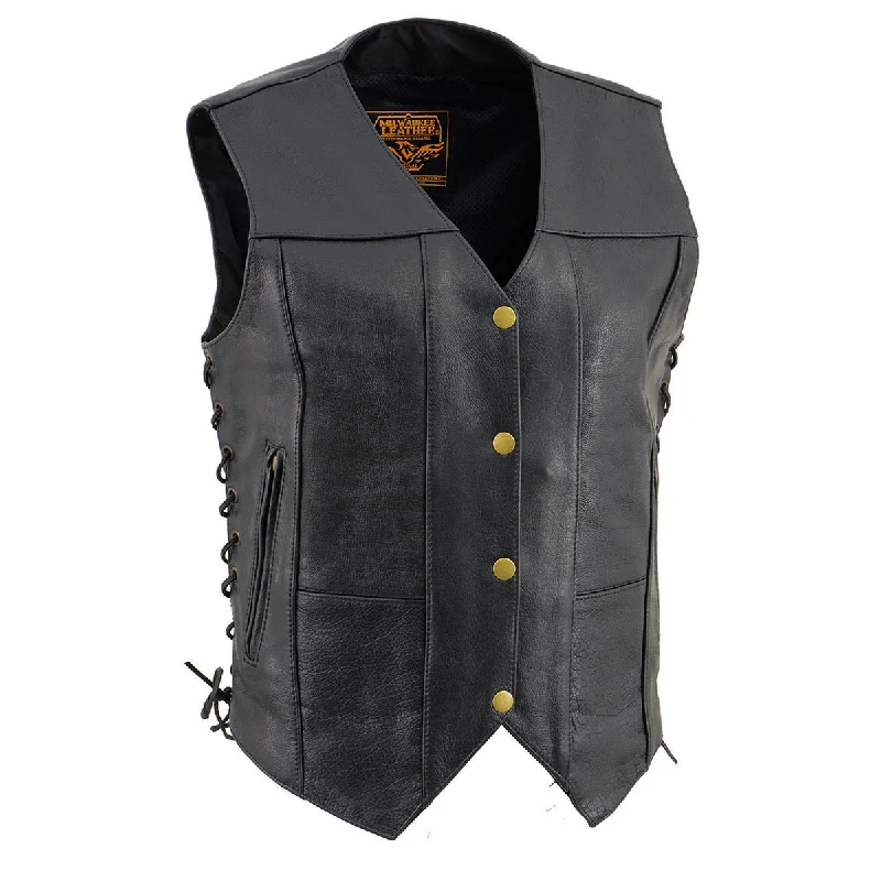 Fashionable Tops for Women Milwaukee Leather SH1292 Women's Black Leather Side Lace 6 Pocket Motorcycle Rider Vest- Antique Color Snap Closure