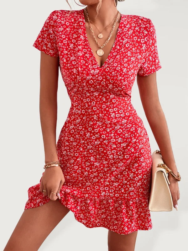 Women's Evening Clothes BerryBetty - Women's Woven V Neck Short Sleeve Printed Dress